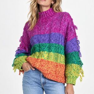 FARM Rio Rainbow Ombre Cable Knit Sweater Fringe Turtleneck Oversized Colorblock